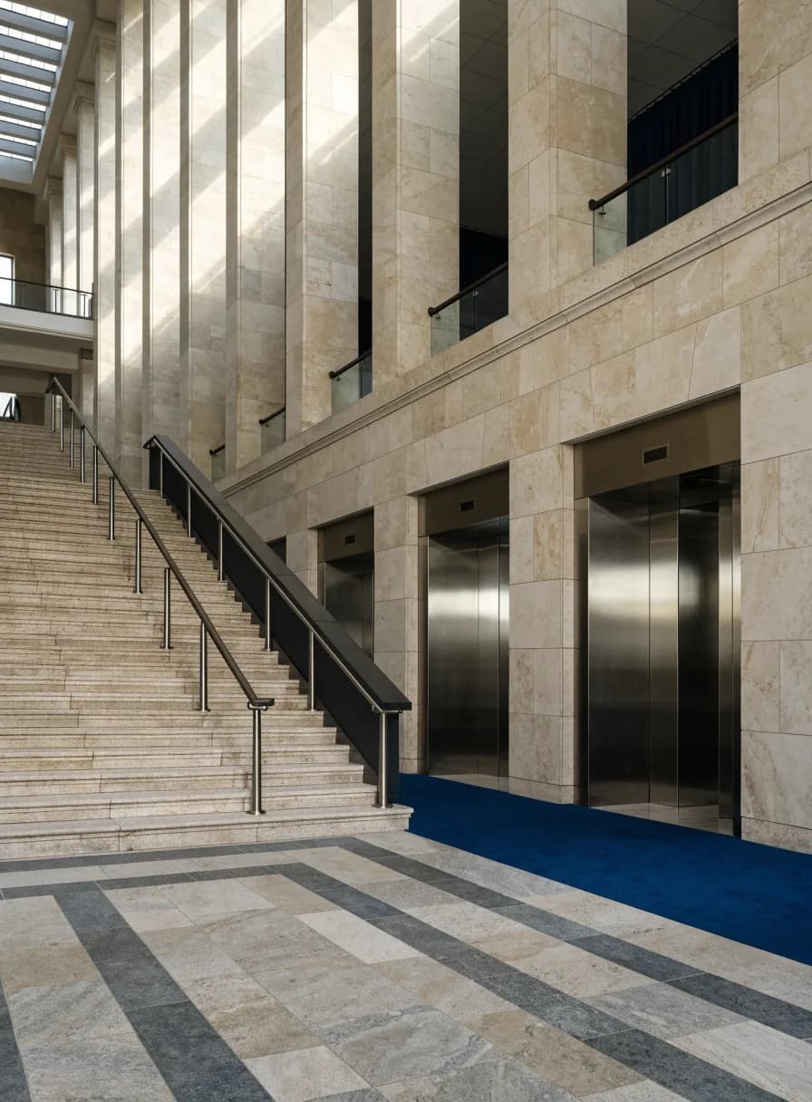 Formal public institution entrance hall with a wide staircase and adjacent elevators