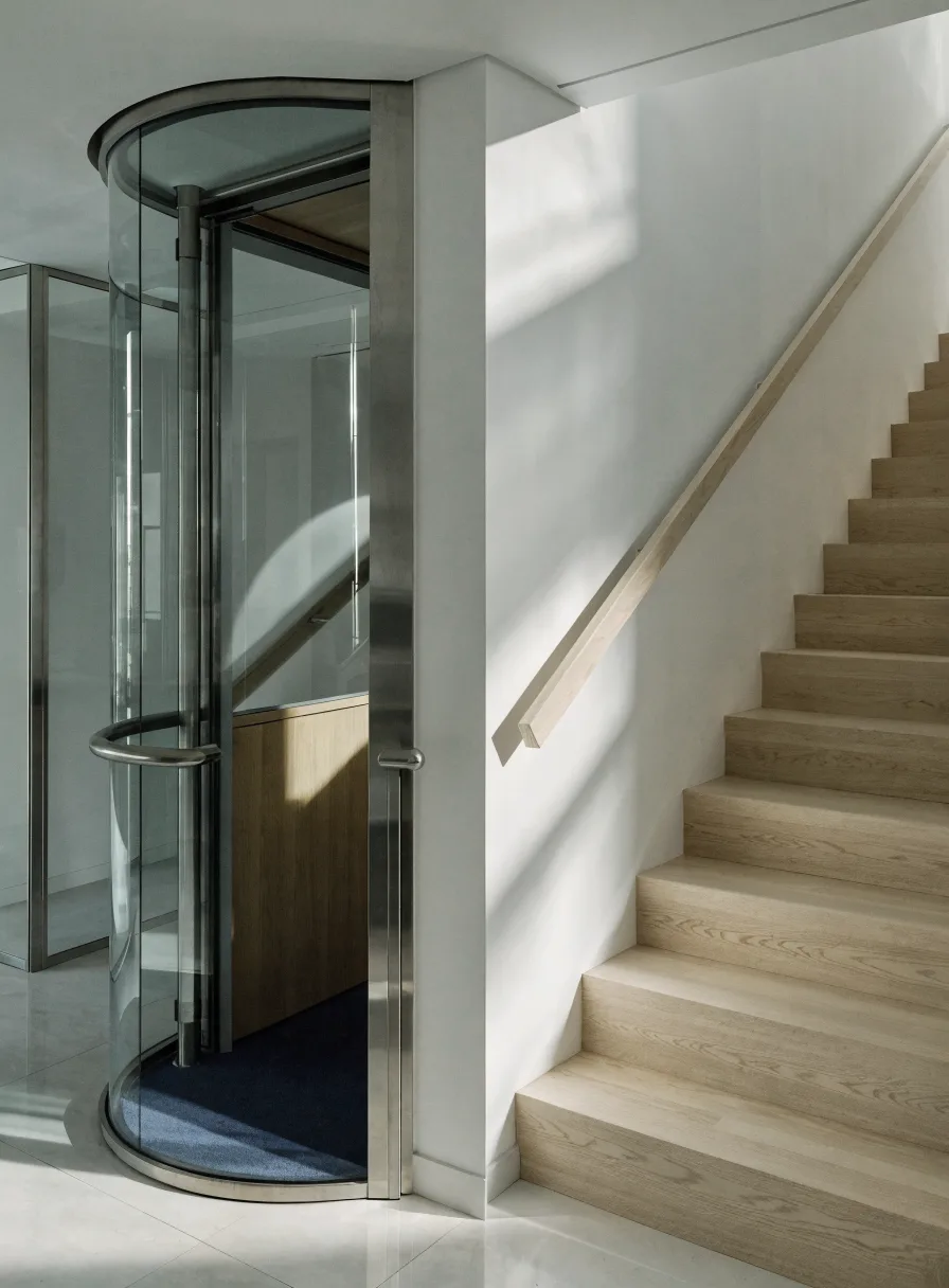 Compact panoramic home lift with a curved glass shaft beside a pale oak stair