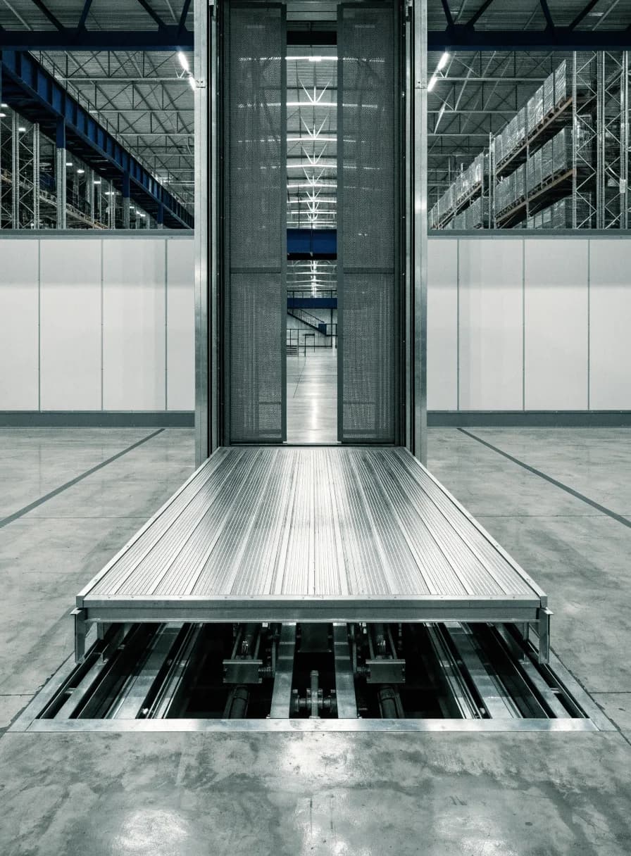 Heavy-duty industrial freight elevator with a ribbed steel platform in a modern warehouse