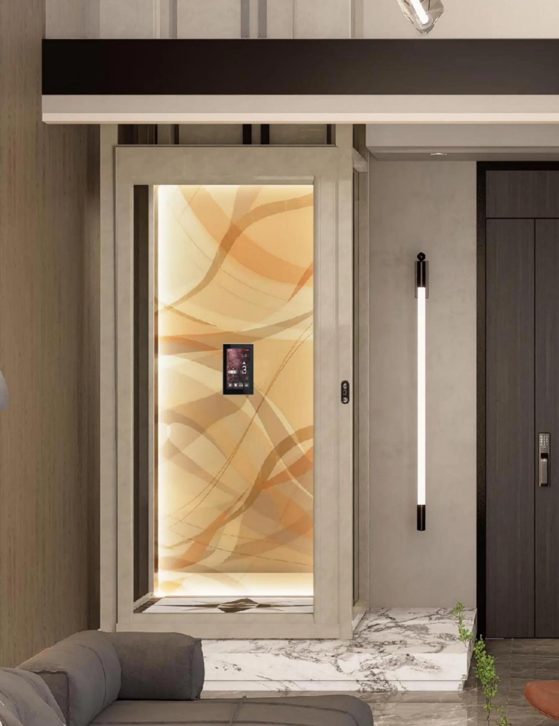 Home lift traksi backpack yang dipasang pada bingkai batu terang, kabinnya bercahaya di balik pintu kaca ambar bermotif dengan panel layar sentuh