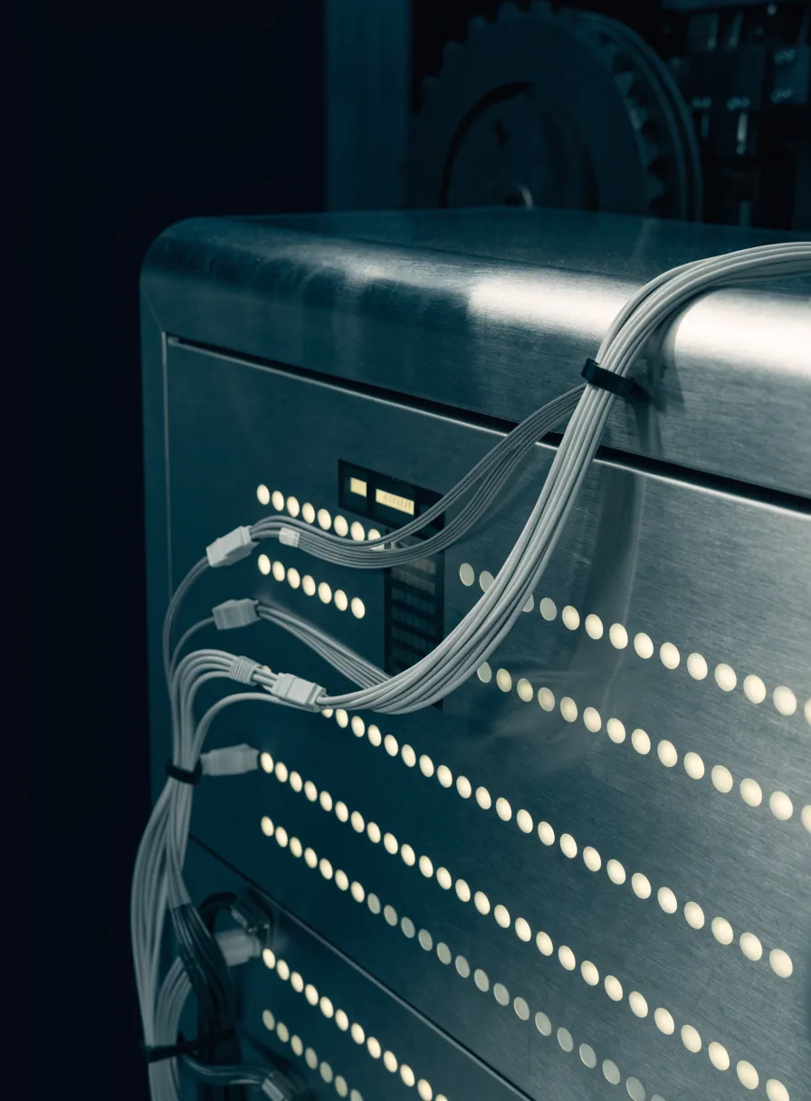 Close-up of an elevator controller diagnostic panel with glowing status indicator lamps