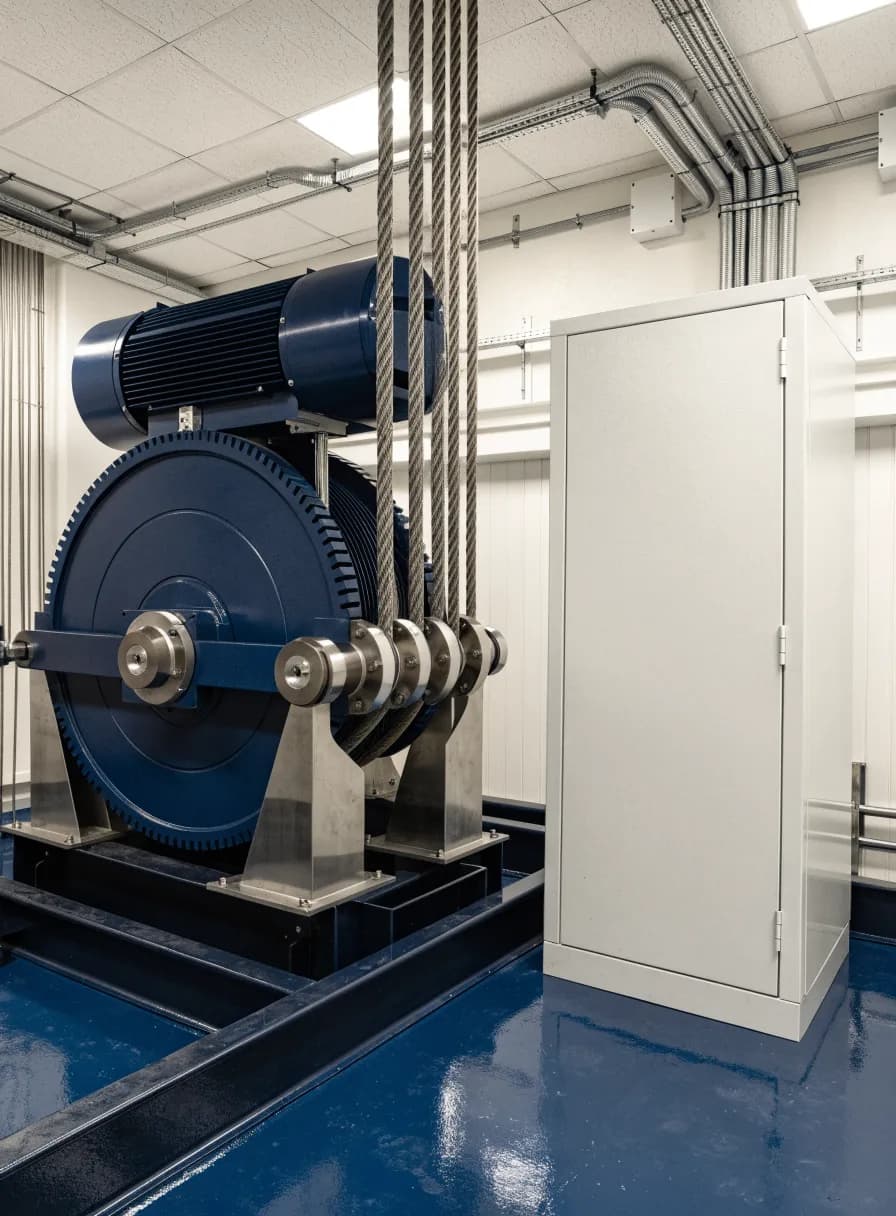 Elevator machine room with a gearless traction machine and controller cabinet
