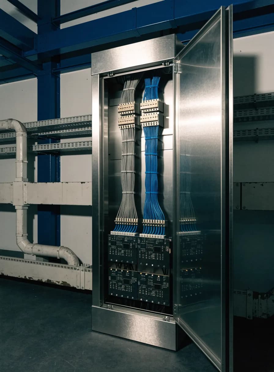 Open elevator control cabinet with a newly installed modern controller and neat wiring looms