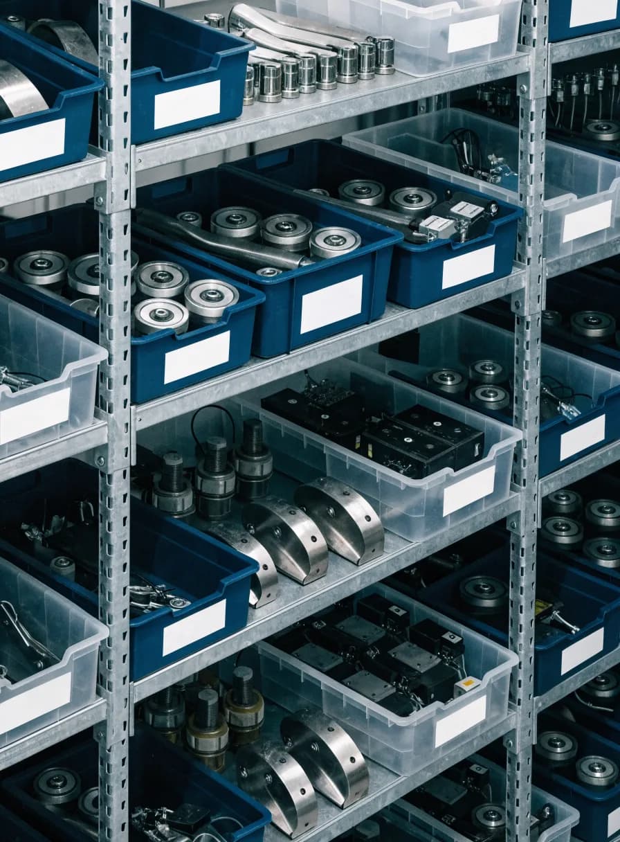 Elevator spare components including rollers, guide shoes and contactors stored in labelled bins on steel shelving