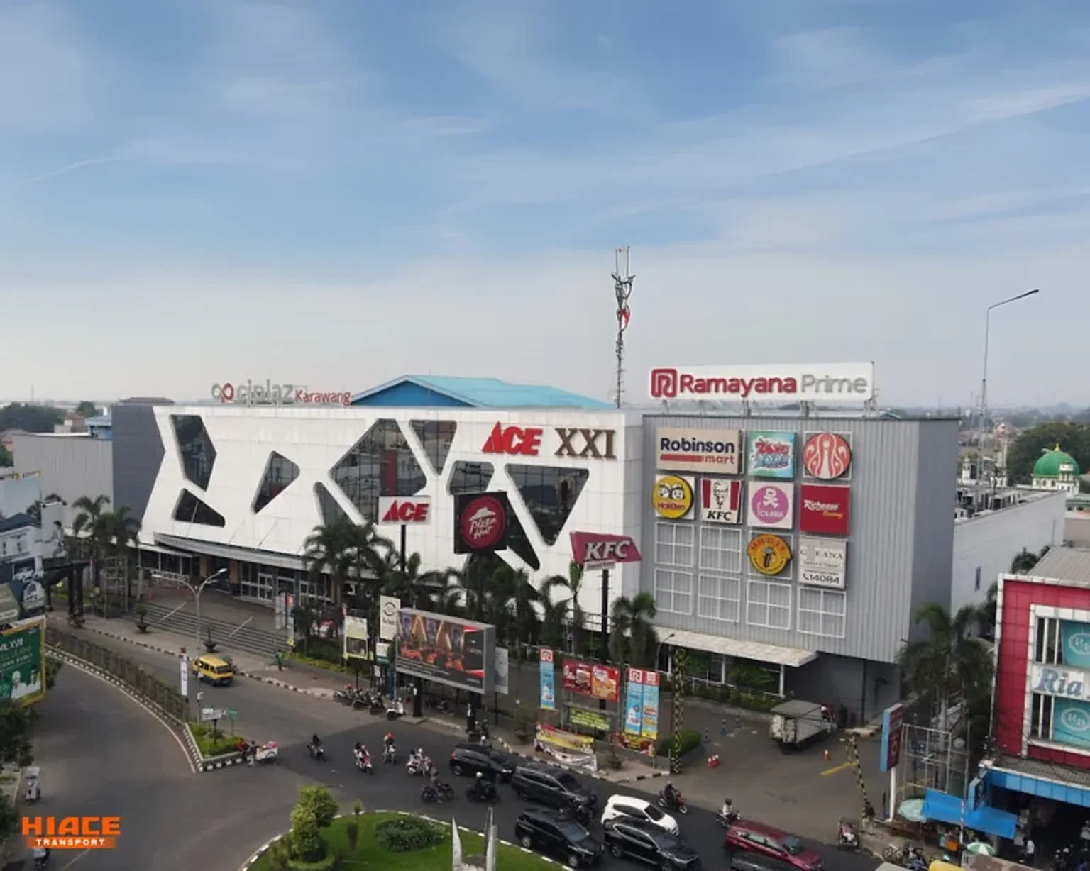 Ramayana Prime anchoring the Ciplaz Karawang shopping centre, seen from above the roundabout
