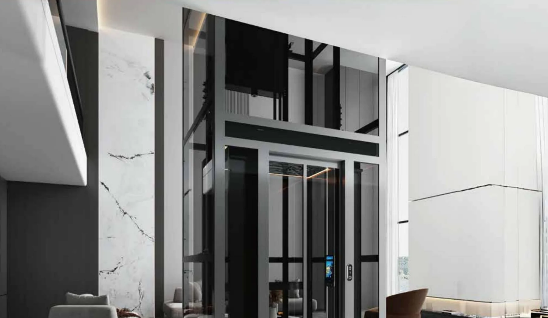 Tenkai Kaze in a double-height living space, its dark glazed shaft rising against a marble wall