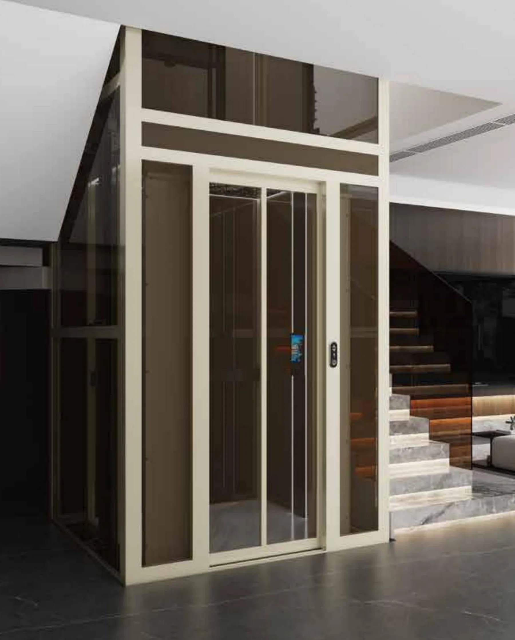 Tenkai Kaze home lift in a cream aluminium frame with bronze-tinted glass on all sides, installed beside a timber stair