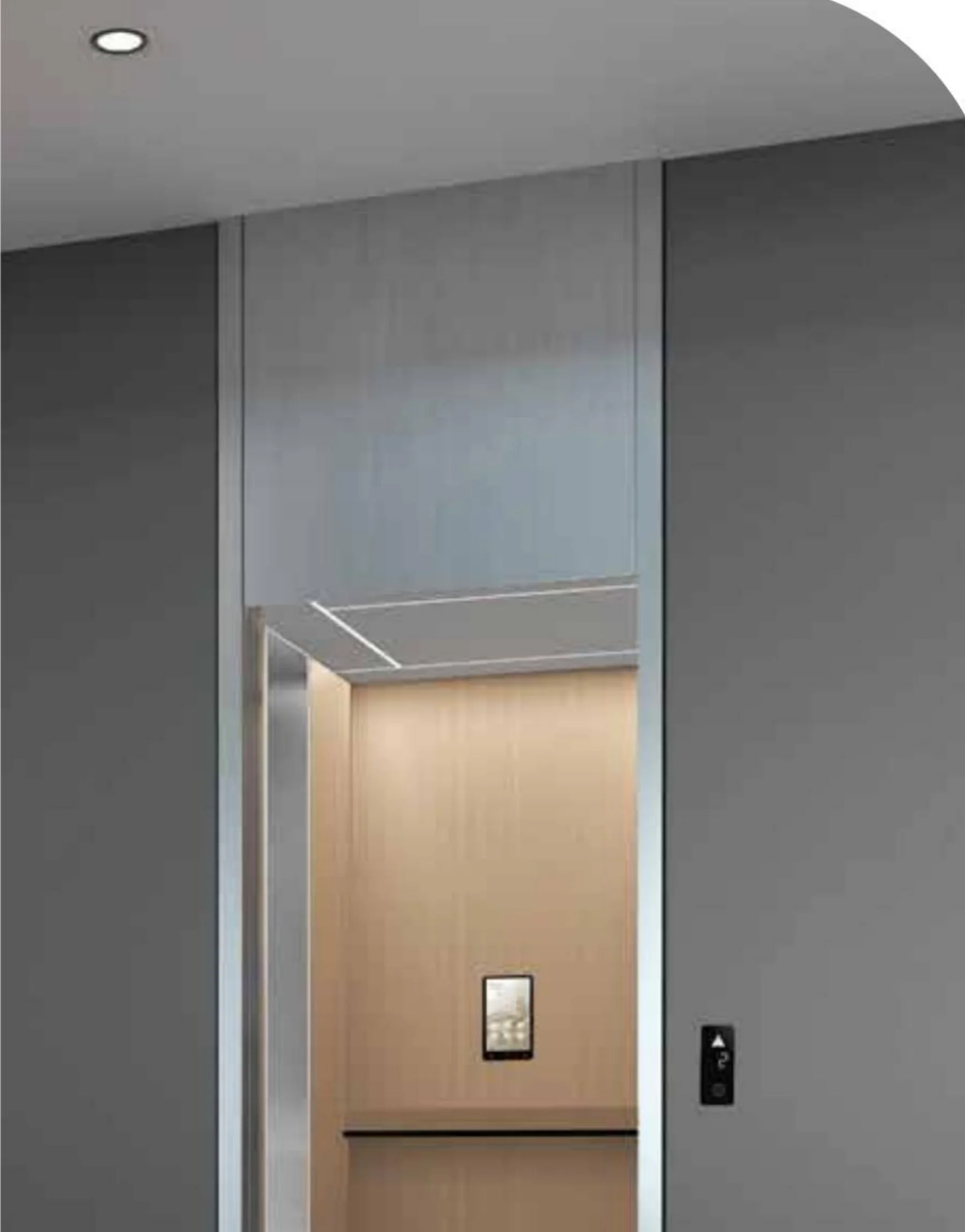 Tenkai Mizu landing door set flush into a grey panelled wall, the pale wood car interior visible through the open door