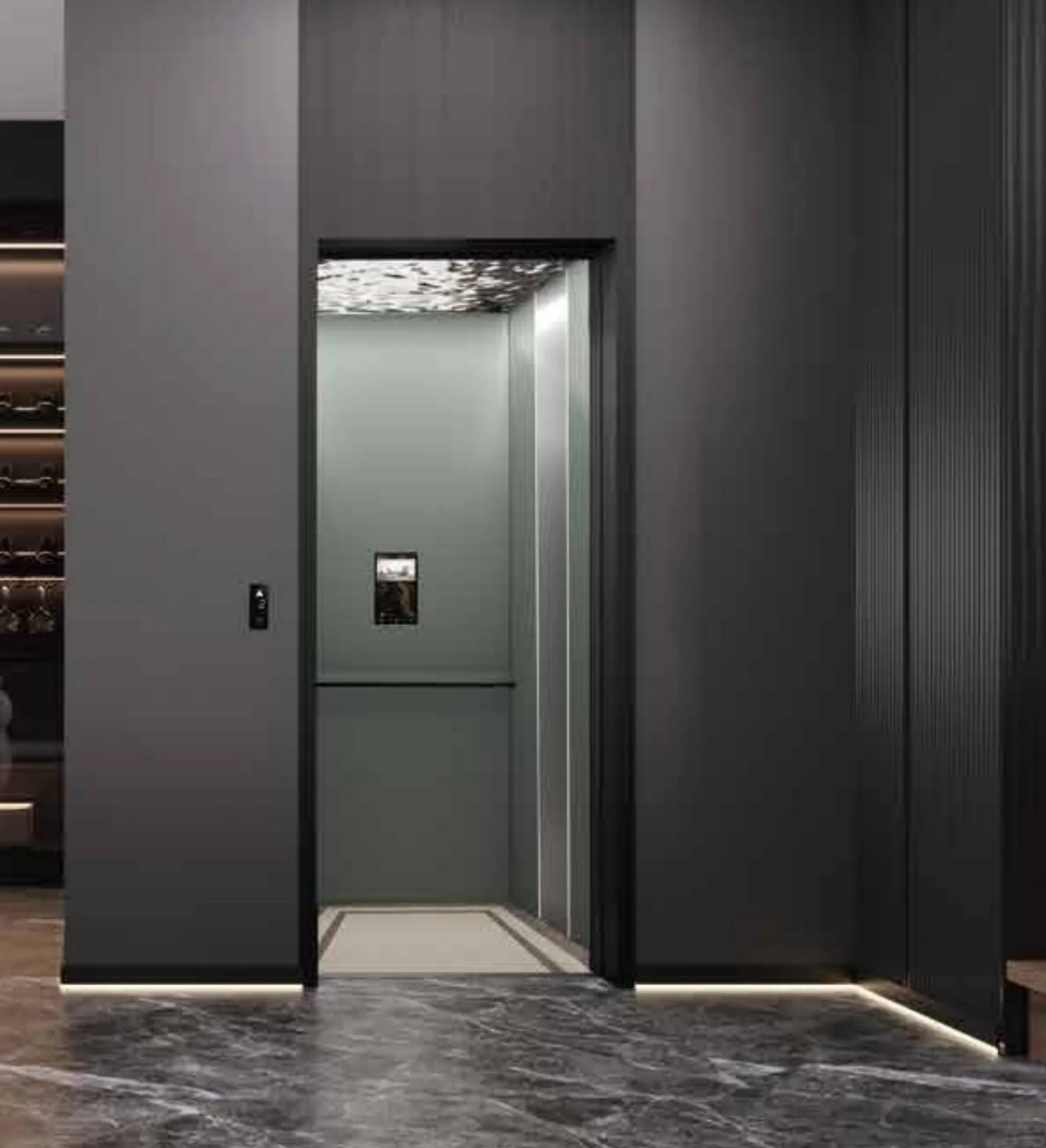 Tenkai Mizu home lift with its landing door open, set flush into a dark panelled wall with a pale green car interior