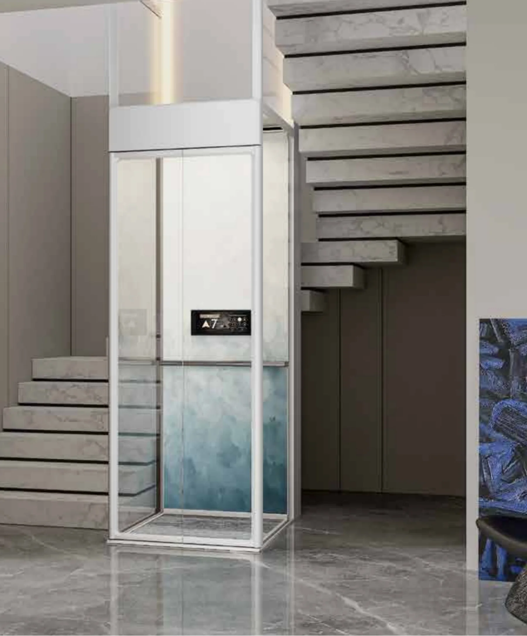 Tenkai Tsuki home lift with a slim white aluminium shaft and full-height glazing, standing beside a pale stone cantilevered stair