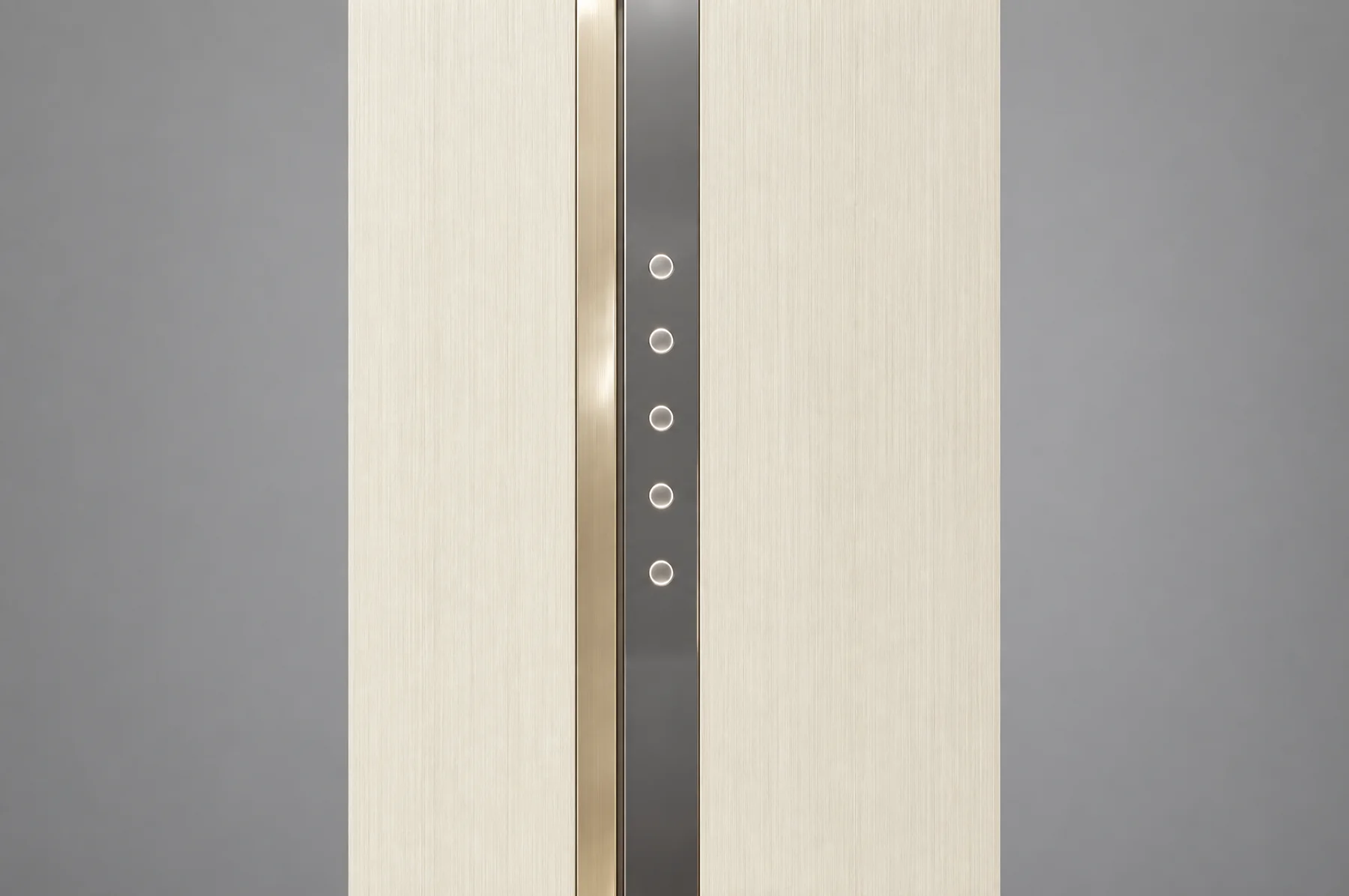 Close-up panel kabin Tenkai V300, deretan tombol bulat kecil berlampu latar pada stainless champagne yang tertanam pada dinding bermotif serat gading