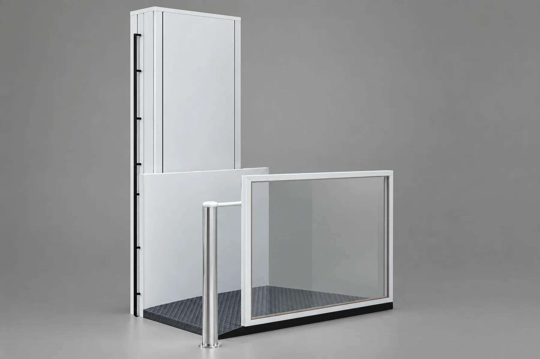 Studio close-up of a wheelchair platform lift: the white powder-coated mast, the clear glass side guard in its white frame, and the ribbed platform deck