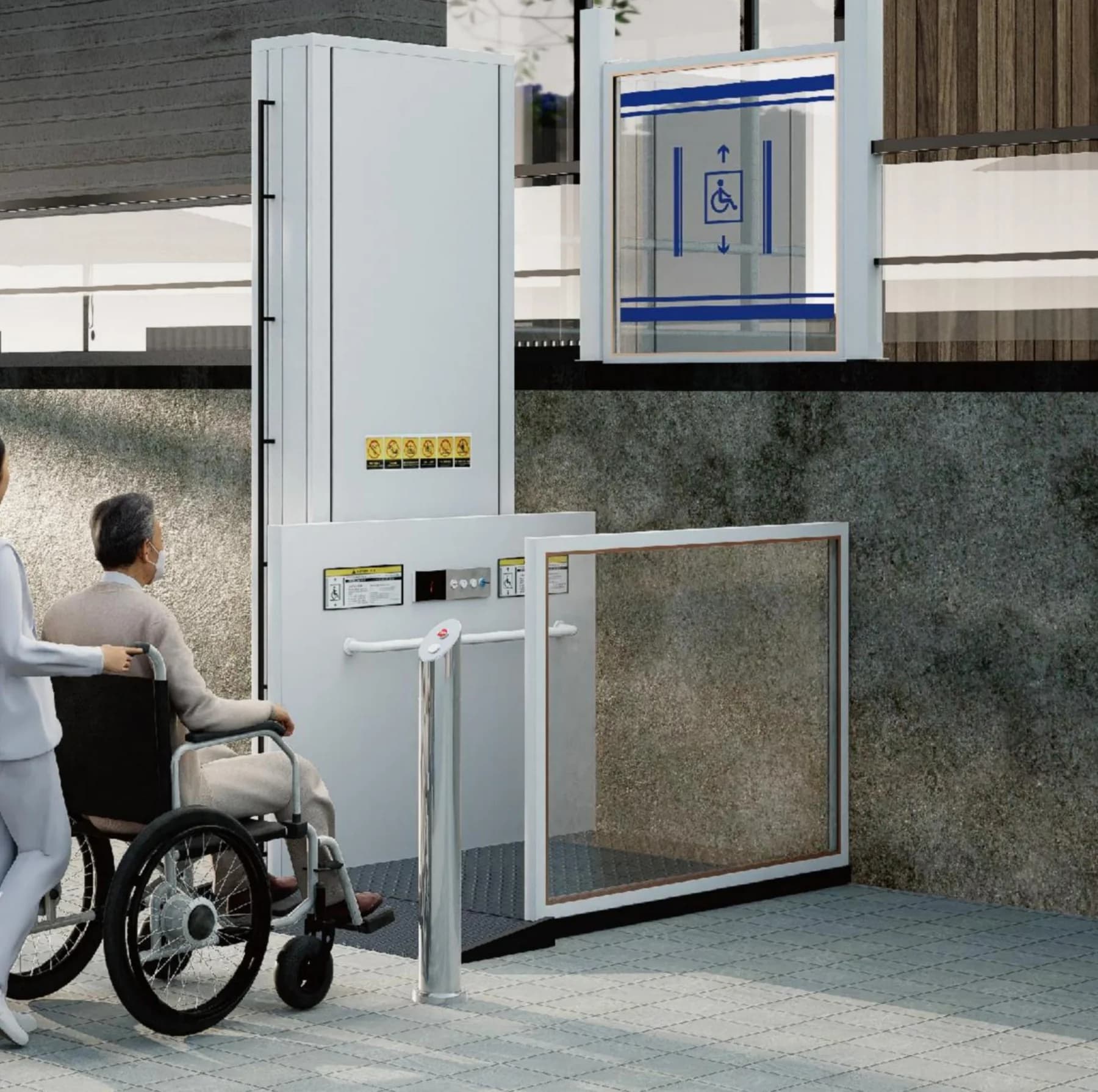 Outdoor wheelchair platform lift standing against a concrete retaining wall below a raised walkway, its glazed gate open, with an attendant bringing a wheelchair user towards the platform
